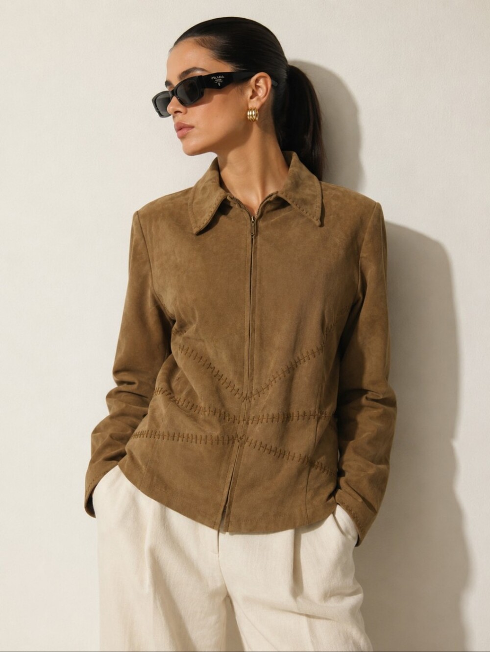 Brown Zip Up Soft Brushed Mocca Mousse Whipstich Details Utility Jacket Sz 10